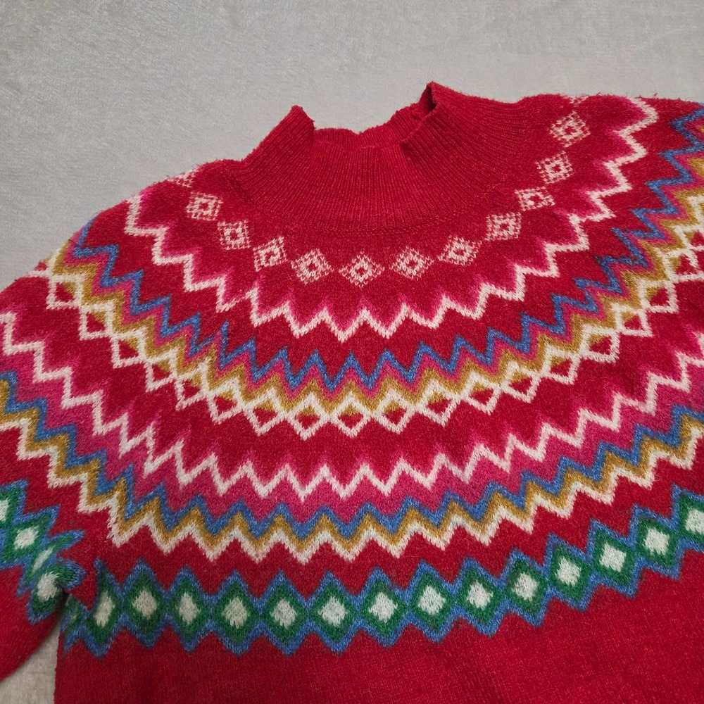 Cabin Cozy Red Fair Isle Nordic Knit Sweater Petites PXXL Zig Zag Ski Snow Bunny